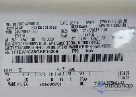 2016 Ford F-150 Xl из США, поврежденный, VIN 1FTEW1C88GKE16209